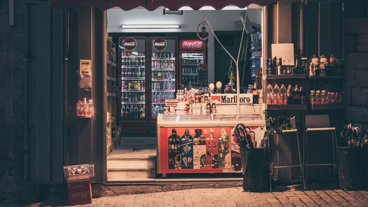 Un comerciant scrie regula de puncte pe o foaie, lângă casa de marcat dintr-un magazin de cartier